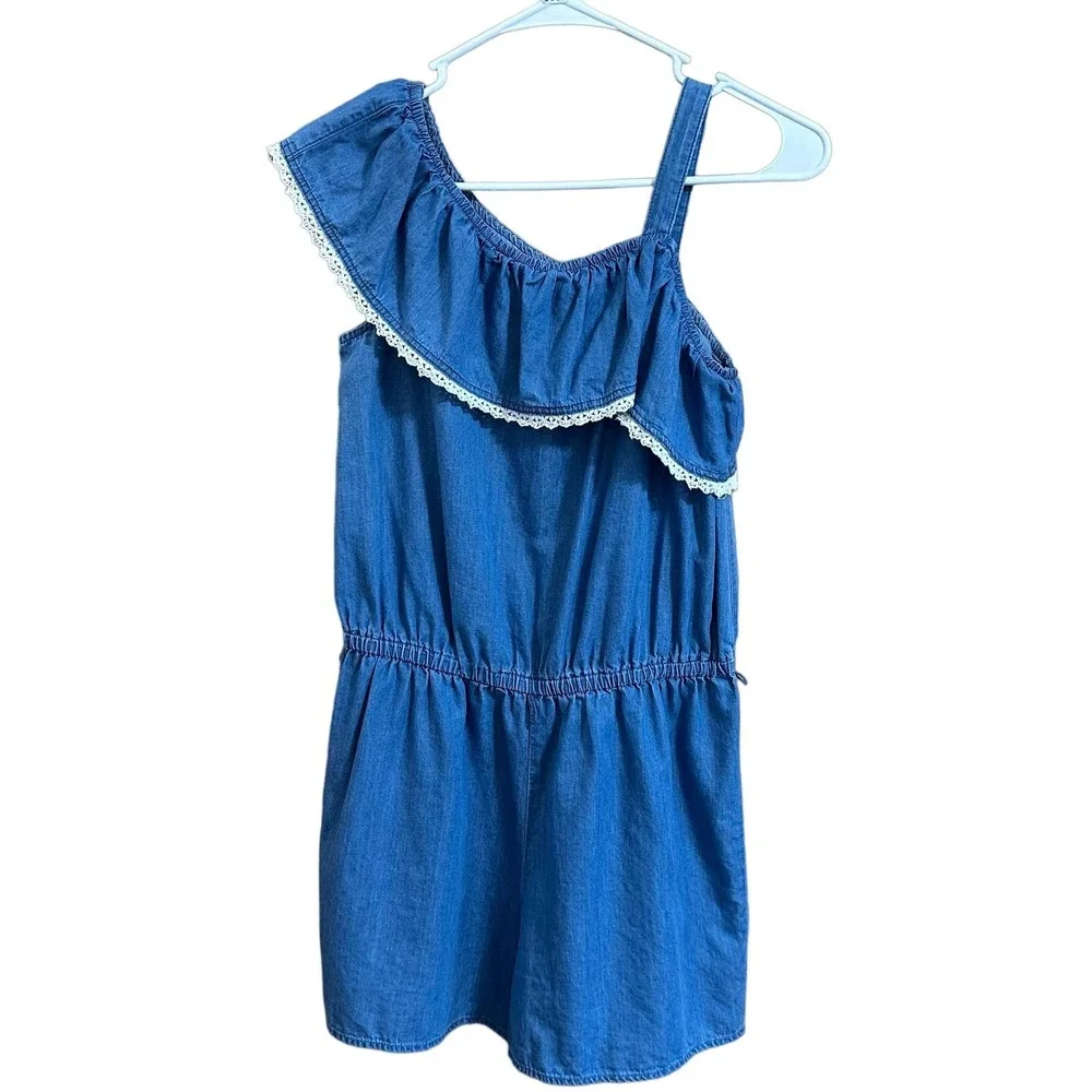 Justice Girls Sz 16 Blue Romper Cold Shoulder Crochet Trim
